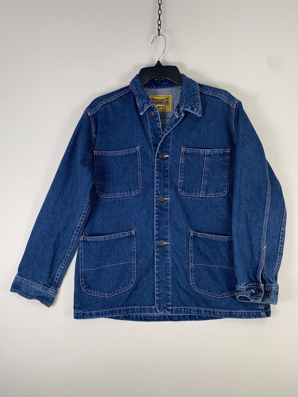 Power Center Jacket Mens Small Blue Denim Chore Utility Workwear Button Front